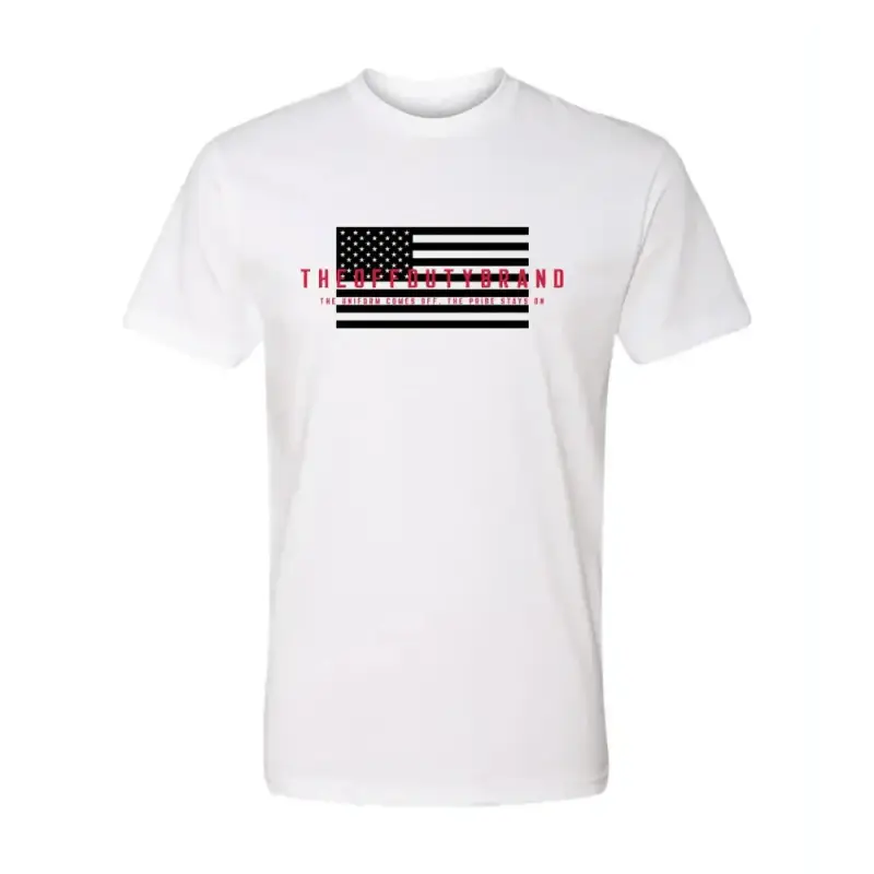 White Off Duty Valor Tee with American flag design and red text for Valor Collection