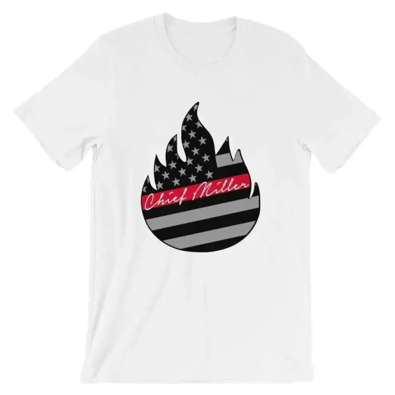 White Signature t-shirt with black and white American flag flame design and red text