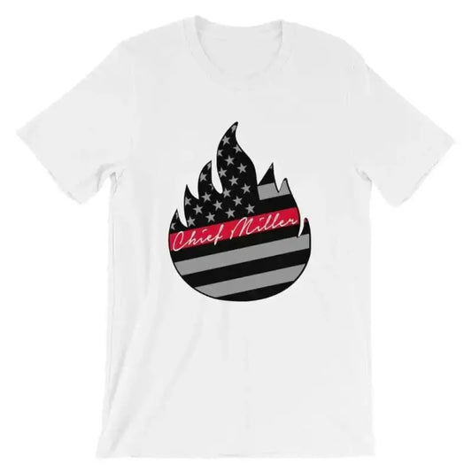 White t-shirt with black and white American flag flame design and red text in Prism Dusty