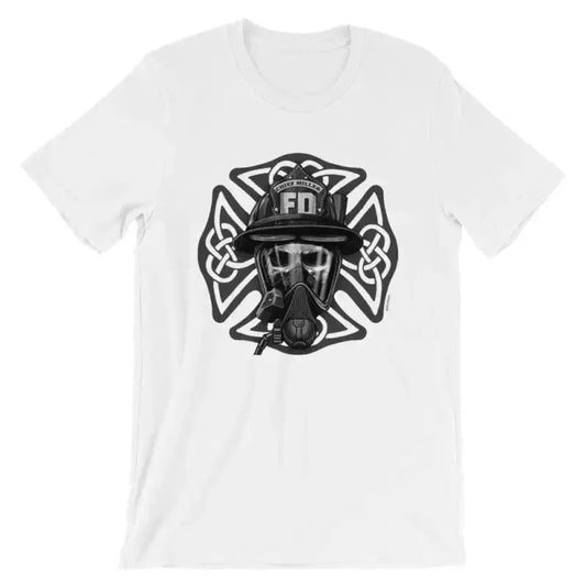 White T-shirt featuring a black firefighter emblem and Celtic Maltese Cross design