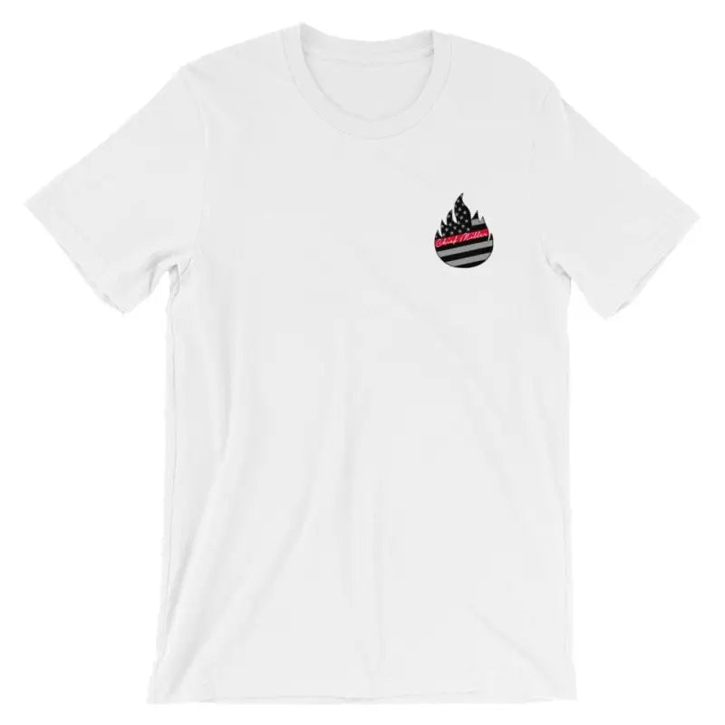 White firefighter short sleeve T-shirt with black and red flame logo on chest