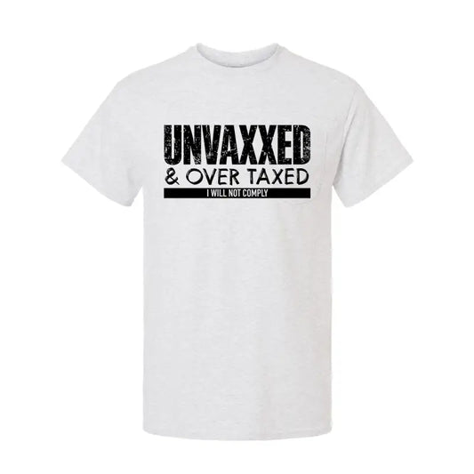 White T-shirt with black text from Over Taxxed Safety Yellow Hi-Vis T-Shirt collection