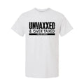 White t-shirt with black text from Over Taxxed Safety Yellow Hi-Vis T-Shirt collection