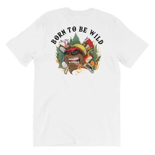 White t-shirt with Born to be Wild graphic, featuring pine trees and camping elements