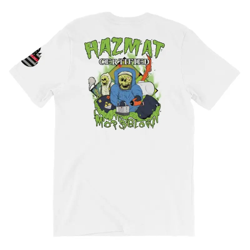 White t-shirt with cartoon hazmat graphic, Hazmat Certified design on back