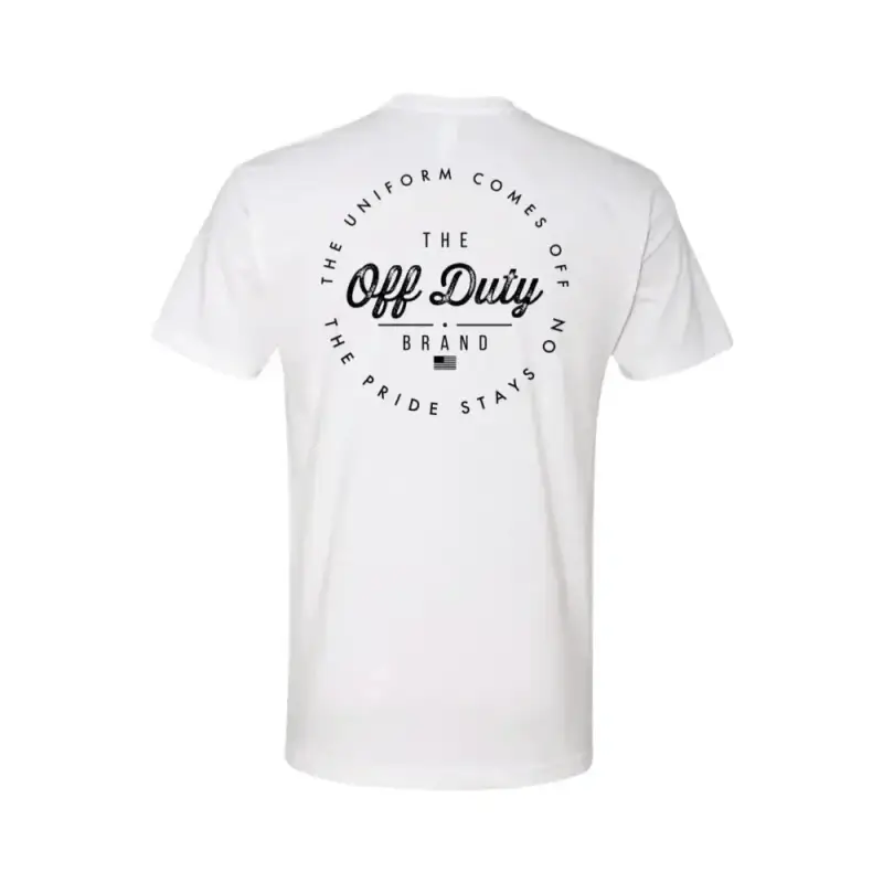 White Off Duty Essential Tee featuring circular Off Duty Brand text design on back