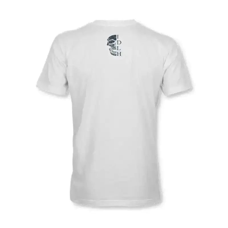 White SICK-CATION t-shirt featuring a small dark logo on the upper back