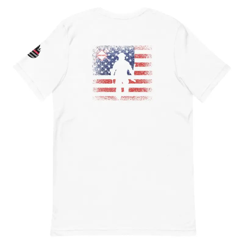 White t-shirt with distressed American flag and soldier silhouette, available in Dark Grey Heather