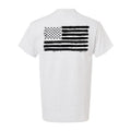 White t-shirt with distressed American flag design on Old Glory safety yellow hi-vis t-shirt