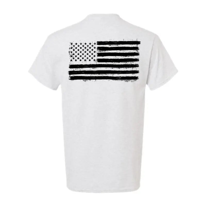 White t-shirt with distressed American flag design from Old Glory safety yellow hi-vis t-shirt collection