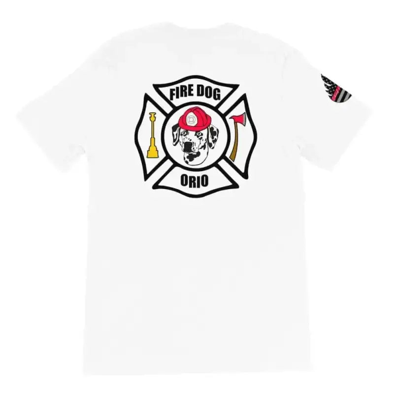 White dog short-sleeve t-shirt with Fire Dog Ohio logo featuring dalmatian in helmet