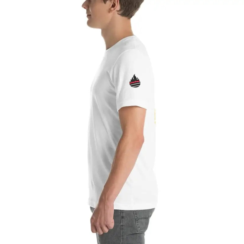 White Engine 19 Short-Sleeve Unisex T-Shirt with embroidered logo patch on sleeve