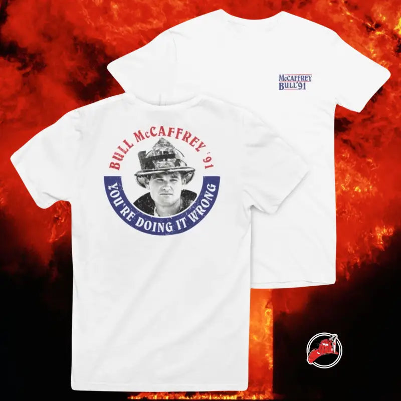 White Bull Tee featuring a firefighter graphic honoring first responders