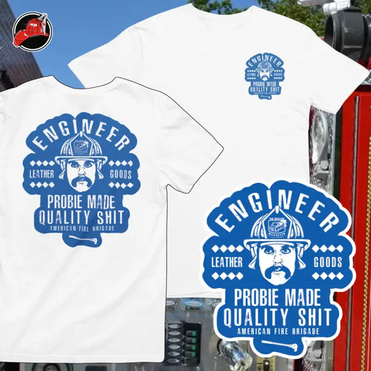 White Engineer Hal Tee featuring a bold firefighter graphic for style and safety