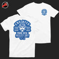 White Engineer Hal Tee featuring a bold firefighter graphic design