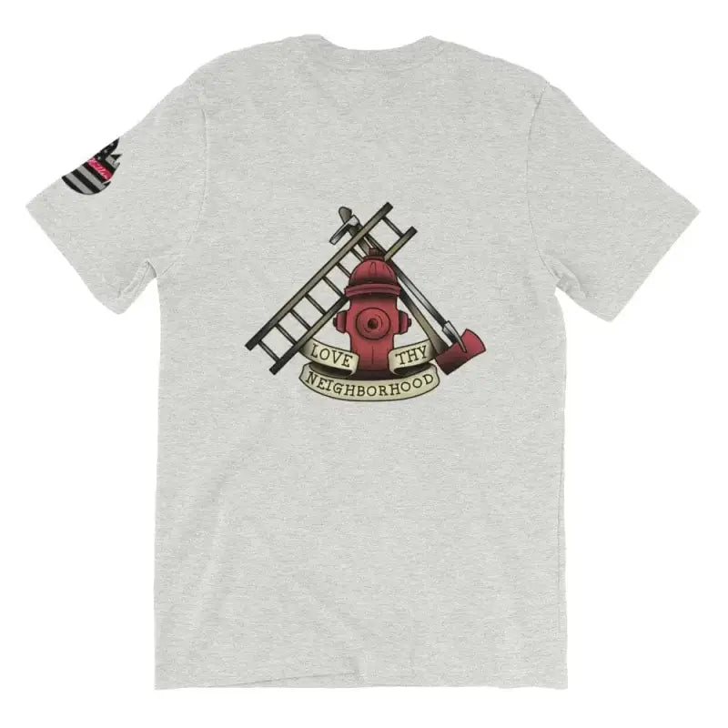 White firefighter-themed t-shirt featuring a fire hydrant, ladder, and axe design