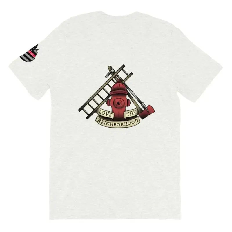 White t-shirt with firefighting graphic, Love Thy Neighborhood short sleeve style