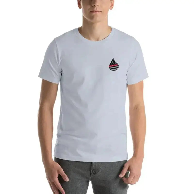 Short-Sleeve Unisex T-Shirt in White with small flame logo on chest