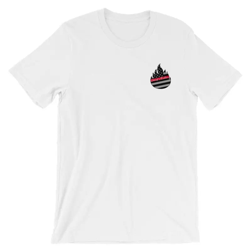 White t-shirt featuring small flame logo, perfect for Tattoos Matter enthusiasts