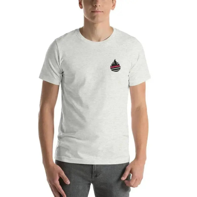 White Short-Sleeve Unisex T-Shirt with flame logo, also available in Heather Midnight Navy