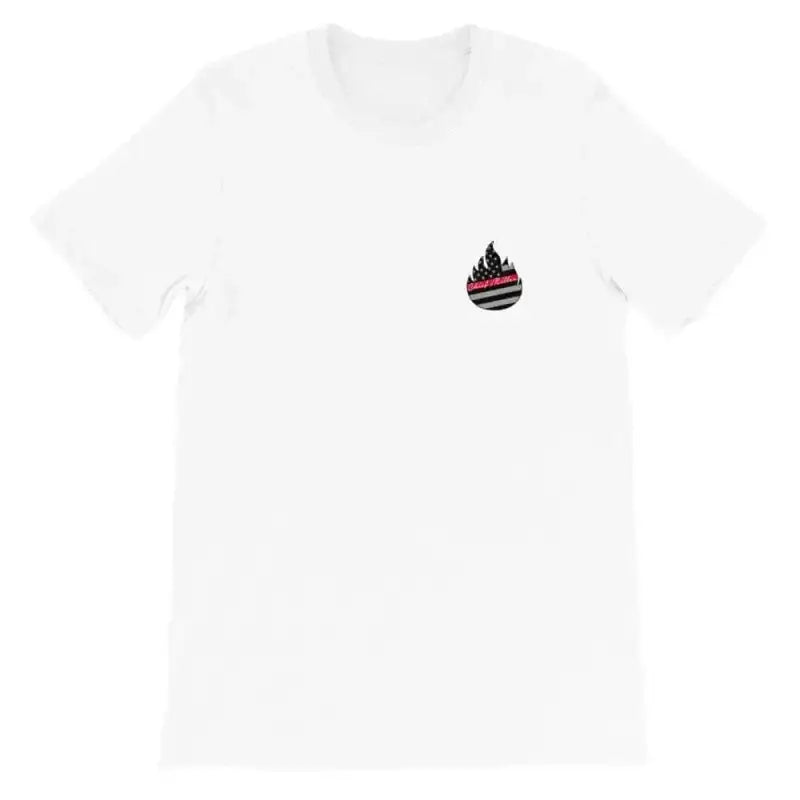 White short-sleeve unisex t-shirt with flame logo emblem on chest