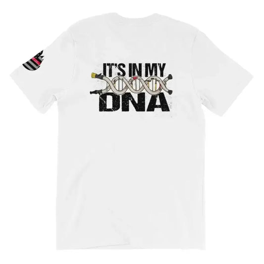 White short sleeve t-shirt with IT’S IN MY DNA text and DNA helix graphic design