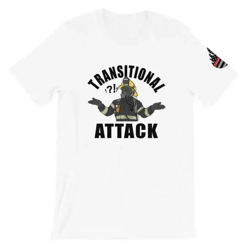 White T-shirt with military graphic and Transitional Attack text for athletic wear