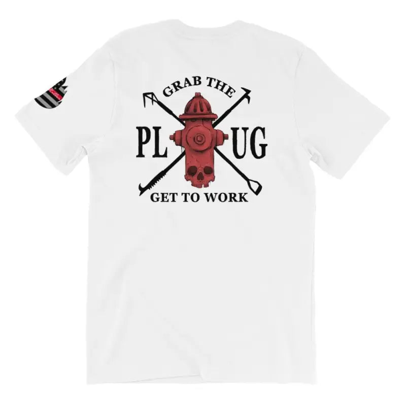 White t-shirt with red fire hydrant design and text Grab The Plug Get To Work in grey heather