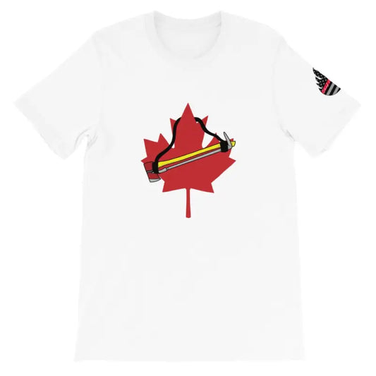 White Canada Short Sleeve T-shirt with red maple leaf and diagonal stripes design