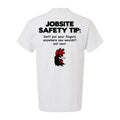 Safety yellow t-shirt featuring safety message and chicken graphic for jobsite safety