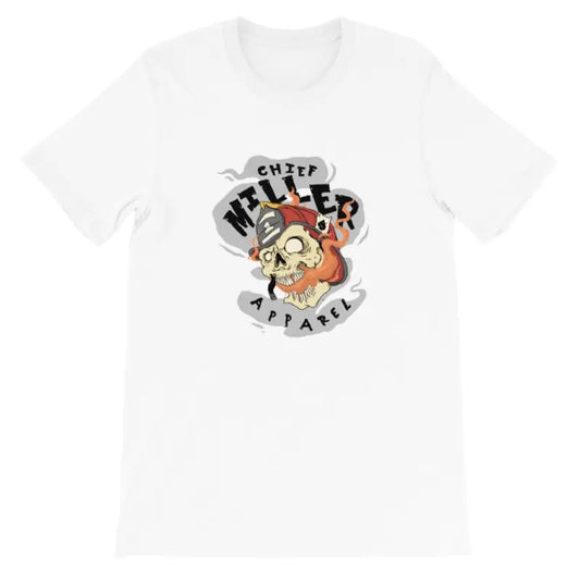 White CM Apparel Short-Sleeve Unisex T-Shirt with skull and banner graphic design