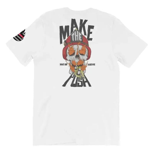 White t-shirt with skull graphic that reads MAKE THE PLEA in Athletic Heather style