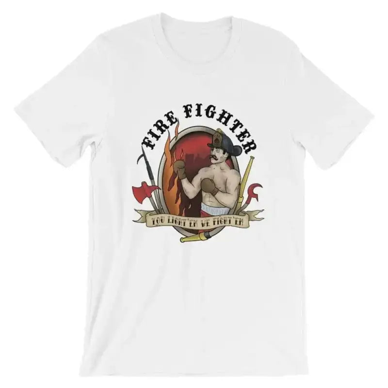 White T-shirt with vintage Free Fighter emblem and boxing art, available in heather midnight navy