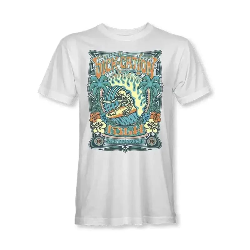 White SICK-CATION t-shirt with vintage surf design in teal and orange colors