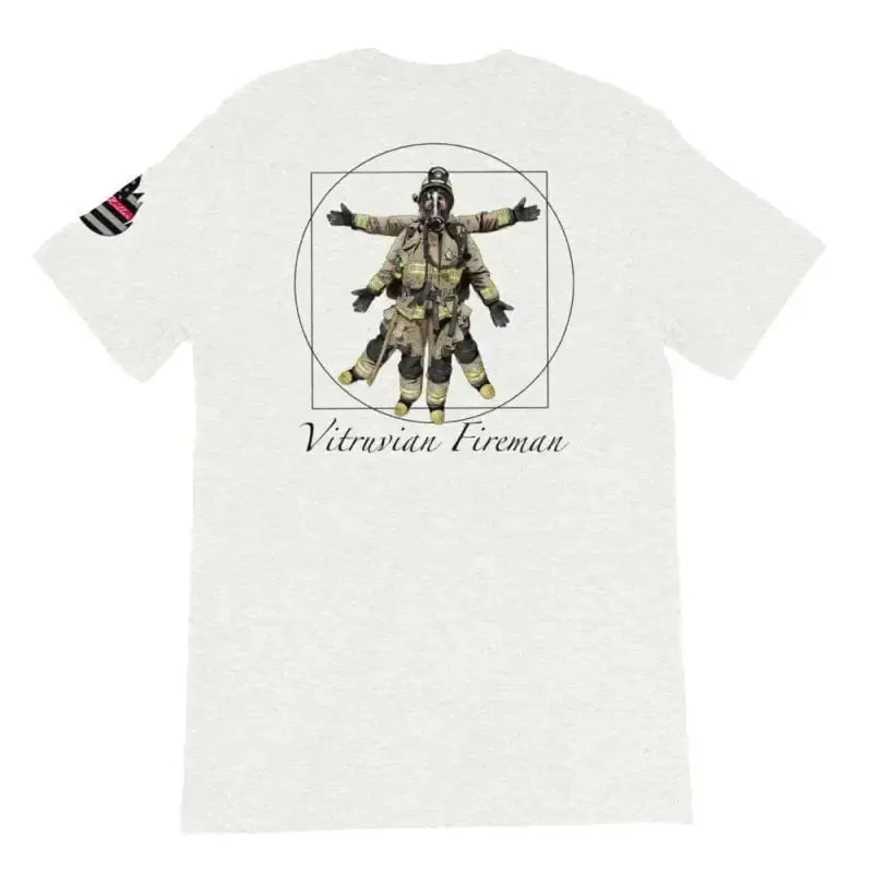 White short-sleeve unisex t-shirt with Vitruvian Fireman design on back