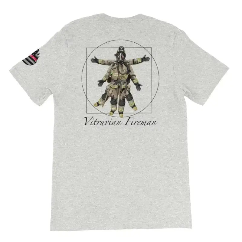 White Short-Sleeve Unisex T-Shirt with Vitruvian Fireman design on back