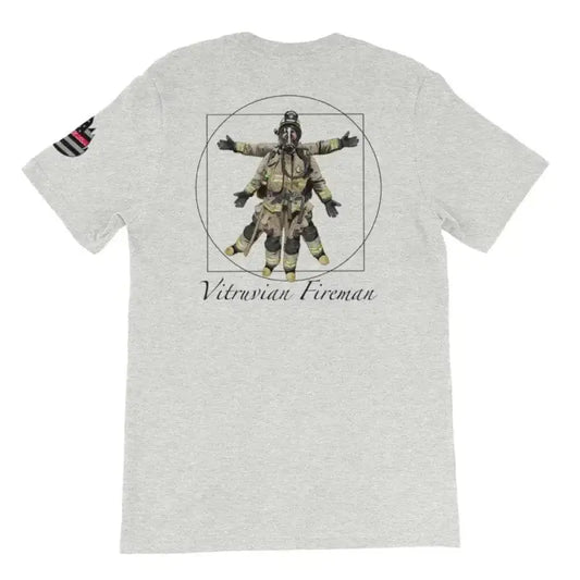 White Short-Sleeve Unisex T-Shirt with Vitruvian Fireman design on back