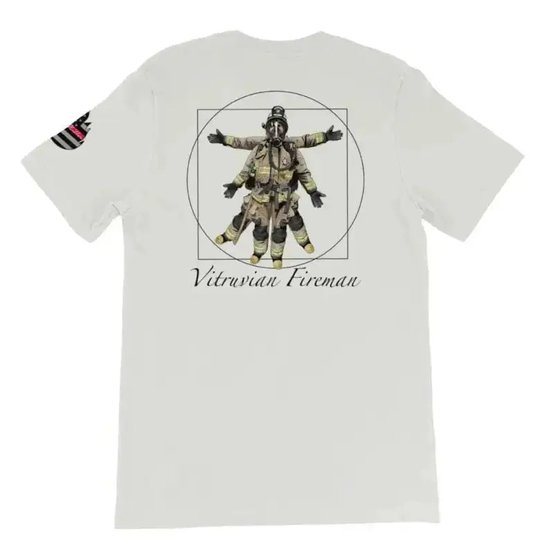 White t-shirt featuring Vitruvian Fireman illustration in full gear, logo on back