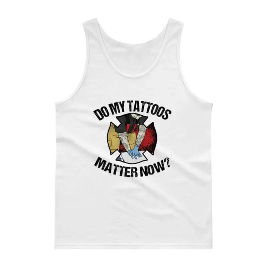 White firefighter tank top in jersey knit with tattoos matter message