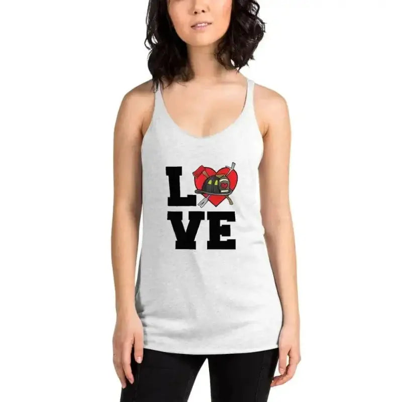 White Women’s Racerback Tank love with red heart and black cat graphic, raw edge seams