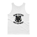 White tank top featuring Do My Tattoos Matter Now text and police uniform graphic in Carolina Blue