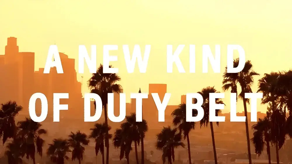 White text A NEW KIND OF DUTY BELT over sunset palm trees for D1 Buckle Basketweave Duty Belt