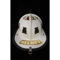 White vintage firefighter helmet with HELMET text, part of IdentiFire™ Helmet Nameplates