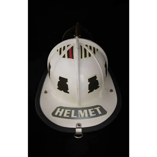 White vintage firefighter helmet with HELMET text showcasing IdentiFire™ Helmet Nameplates