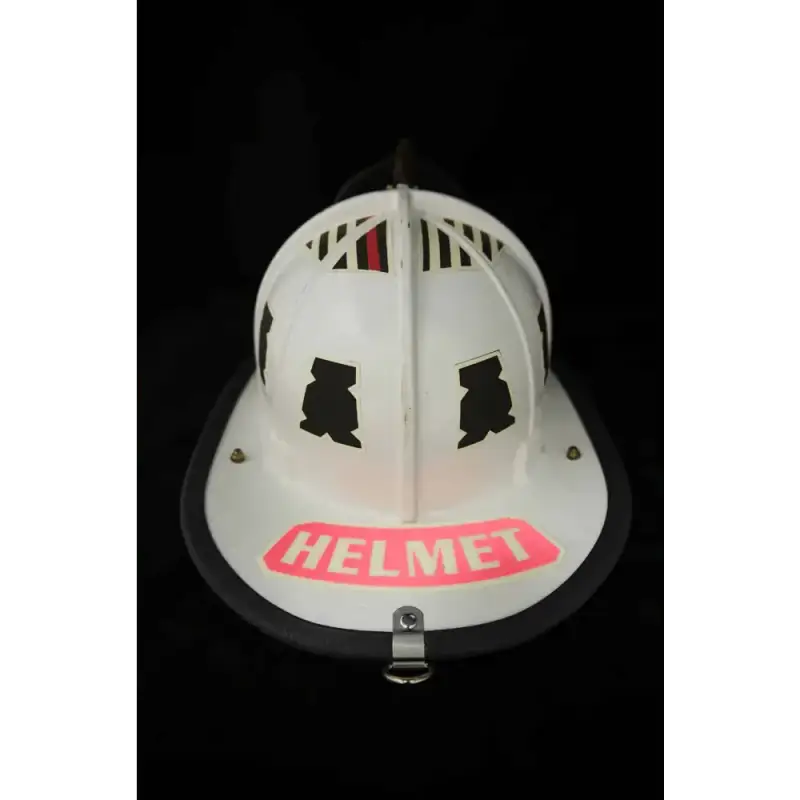 White vintage firefighter helmet with HELMET text, part of IdentiFire™ Helmet Nameplates