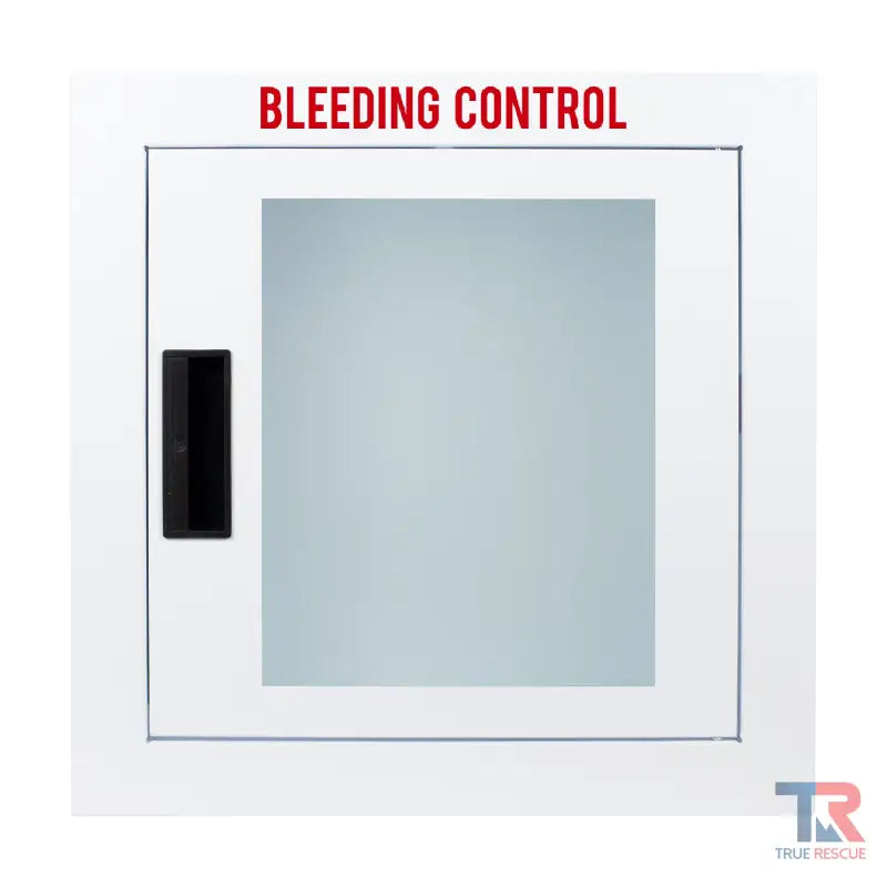 Fully Recessed Bleeding Control Cabinet with black handle on a white wall