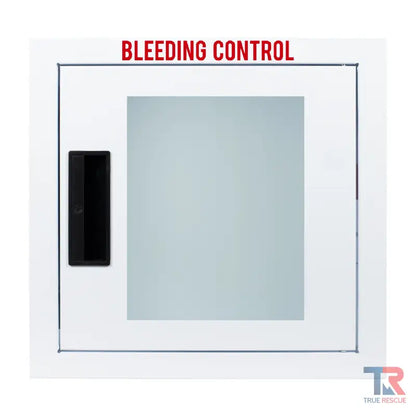 White wall-mounted bleeding control cabinet with black handle for fully recessed bleeding