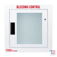 White wall-mounted bleeding control cabinet with glass panel and warning label