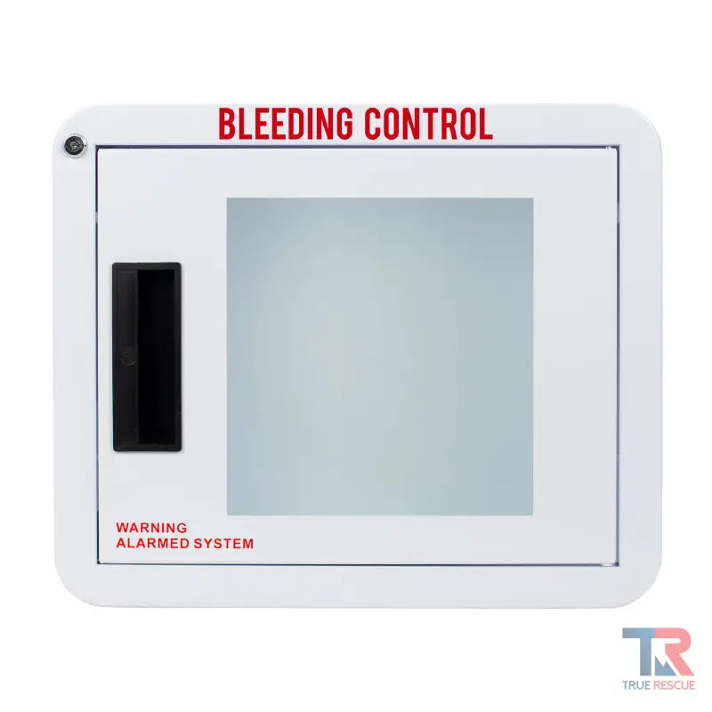 White wall-mounted Premium Rounded Bleeding Control Cabinet with warning label and black handle