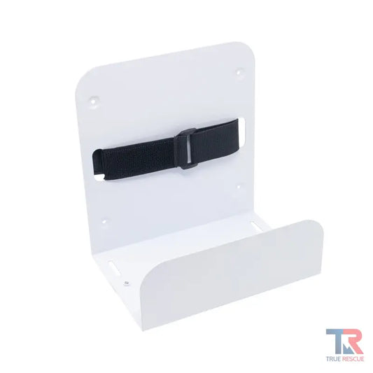 White wall-mounted holder with black adjustable strap for Dual Bleeding Control Kit